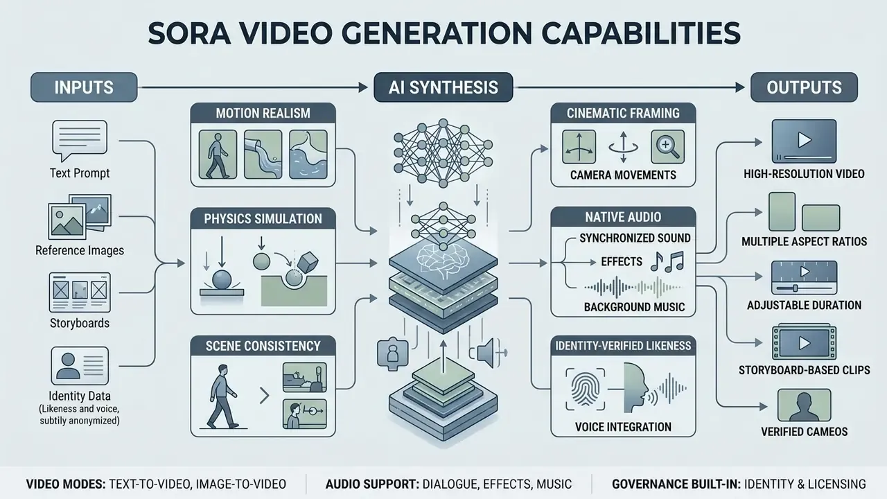 Diagram showing how inputs like text and images are synthesized by OpenAI Sora into video and audio outputs