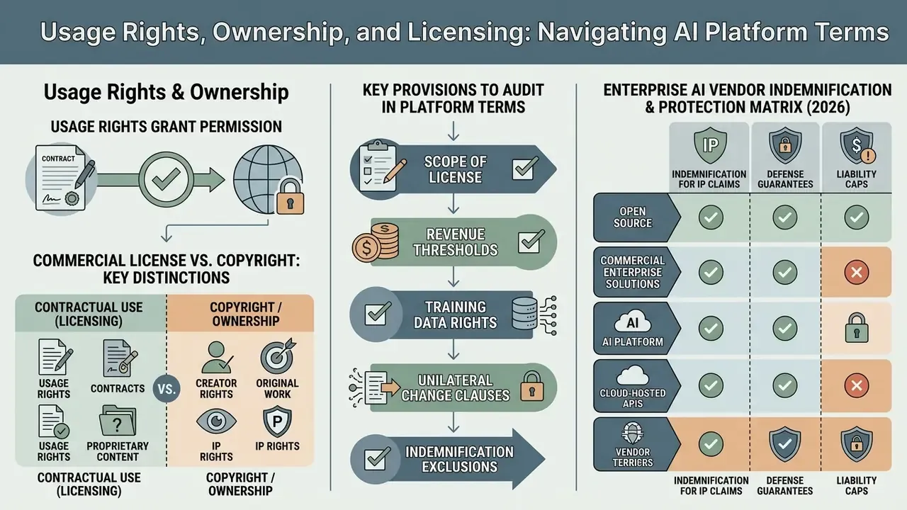Infographic comparing licensing terms, audit provisions, and vendor protection matrices for AI platforms