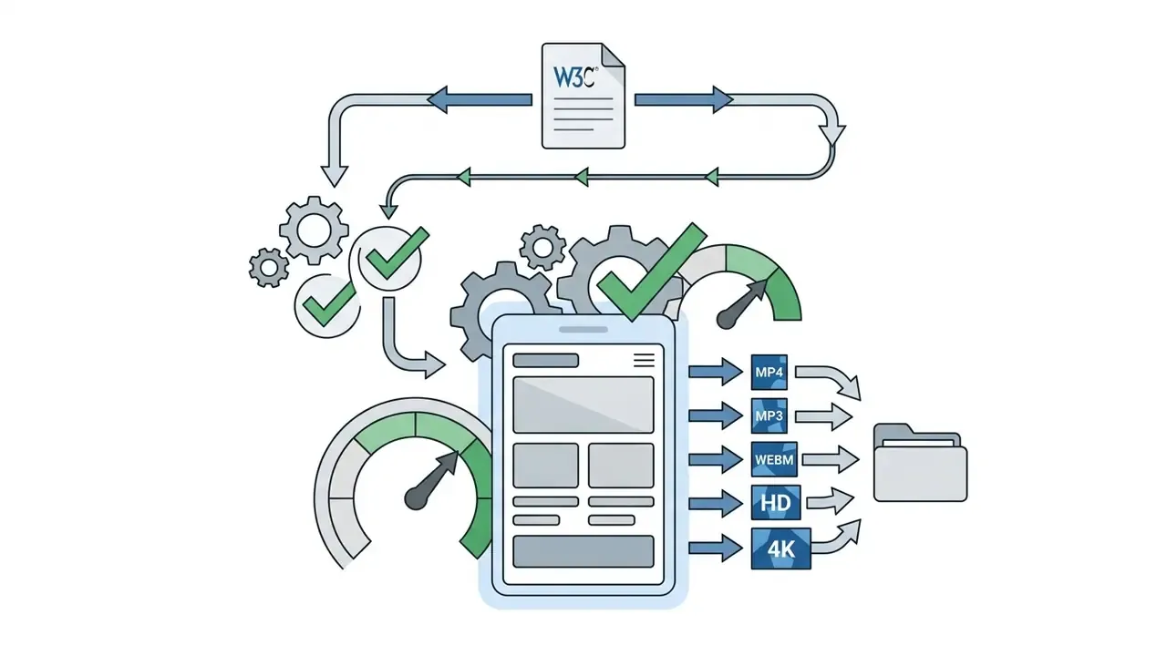 Mobile interface linked to W3C standards with gears and speed gauges processing media into file formats