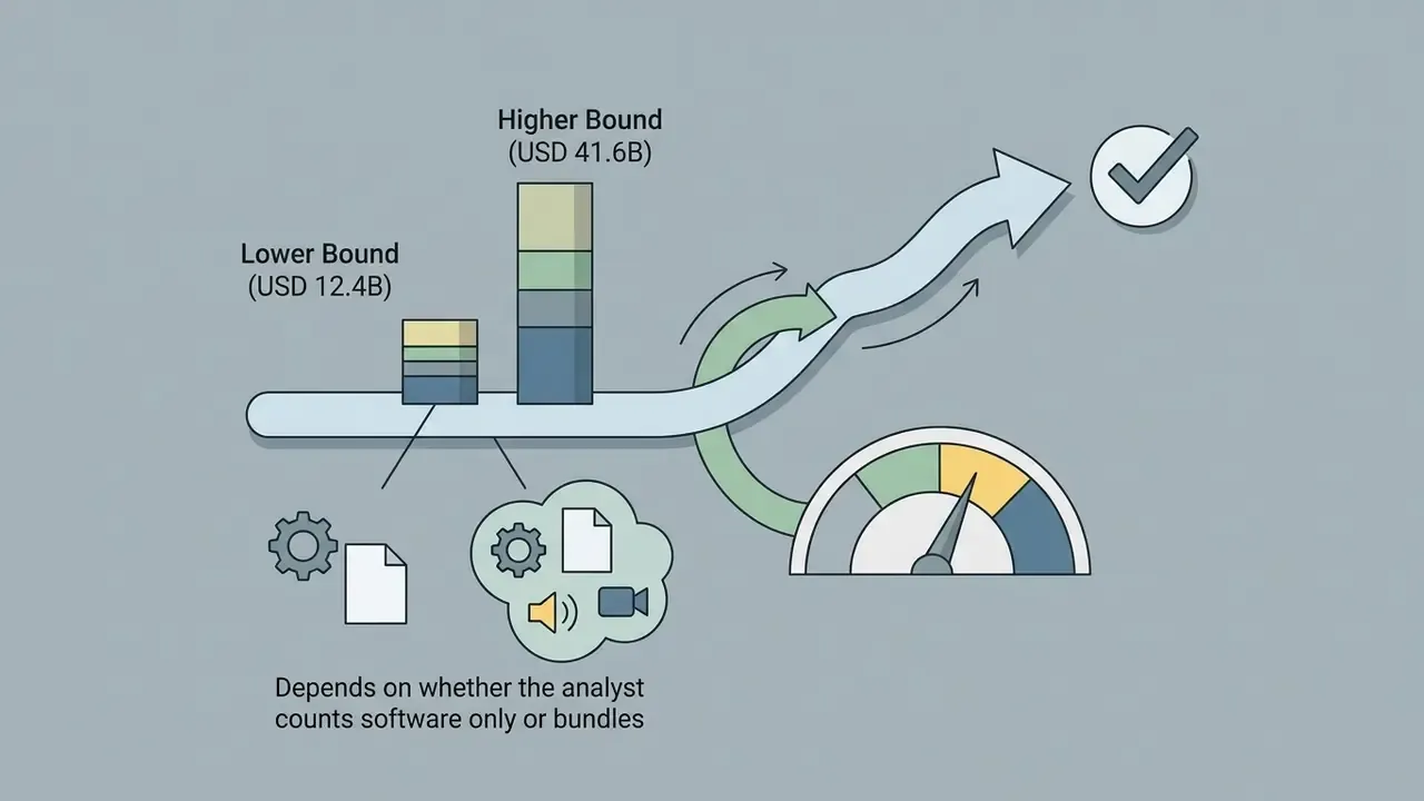 Bar chart comparing market valuation bounds with icons representing software bundles and service components