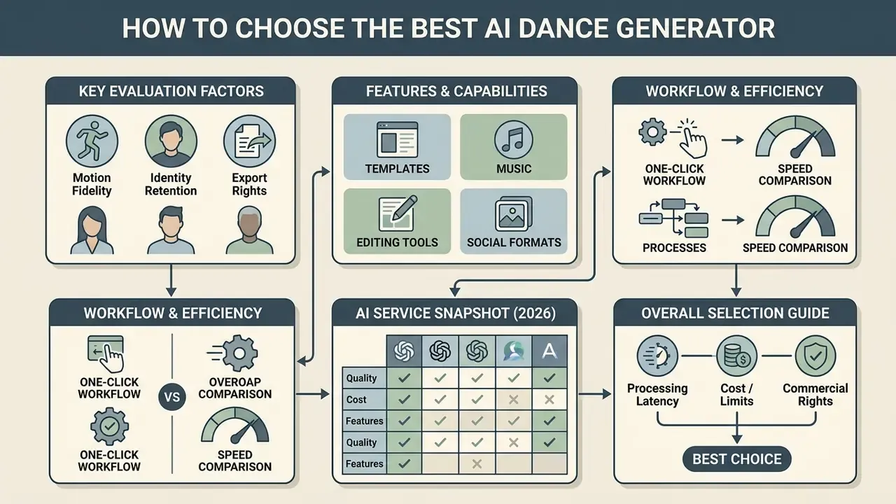 Infographic outlining evaluation criteria including motion quality, workflow speed, and service comparison