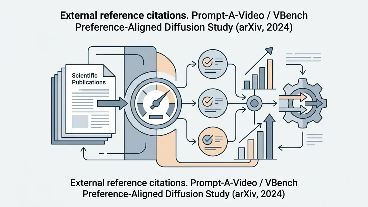Scientific publications feeding into a speedometer, checkmark circles, bar charts, and a rotating gear