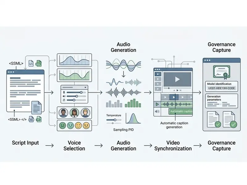 Flowchart depicting the text-to-speech pipeline from script input to audio synthesis and video sync