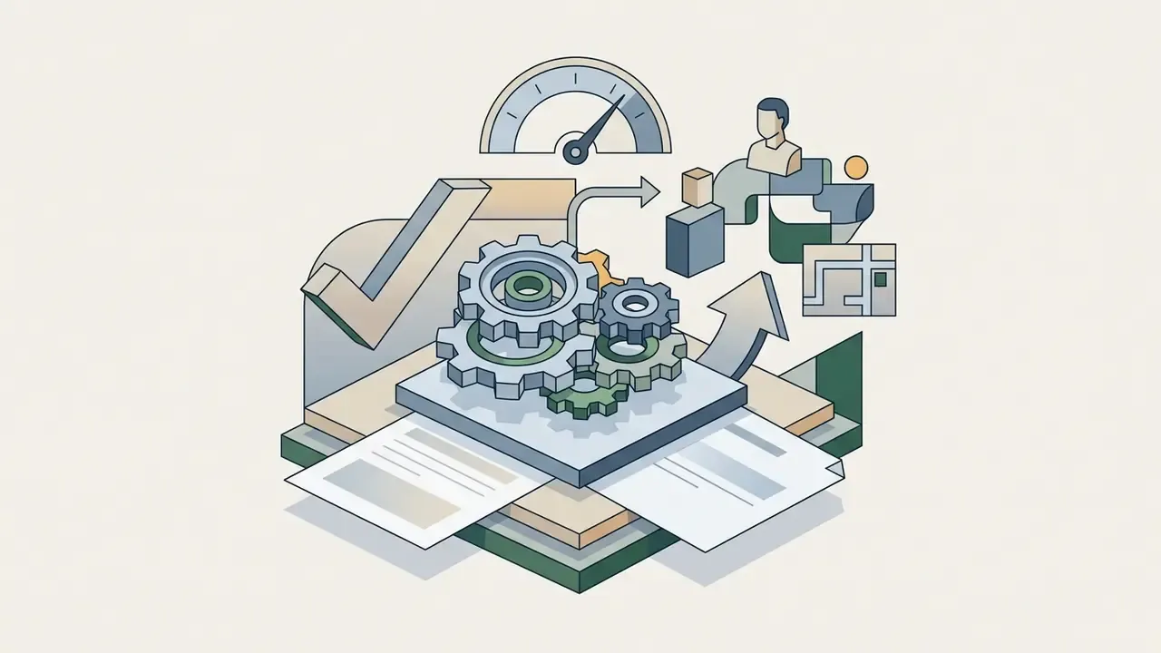 Interlocking gears resting on documents with a speedometer and icons representing characters and settings