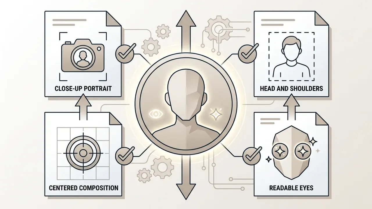 Four document icons surrounding a central avatar figure to illustrate framing and composition techniques