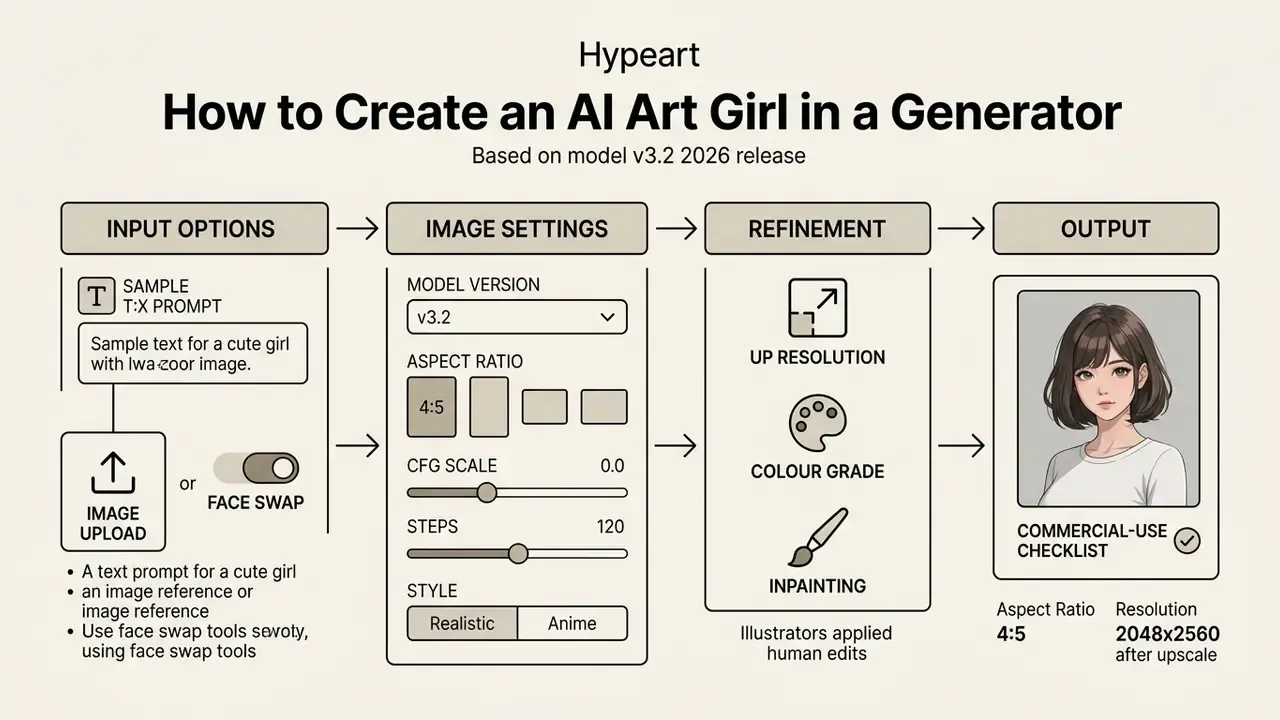 Diagram showing the workflow from input settings to refinement and final output for an ai art cute girl