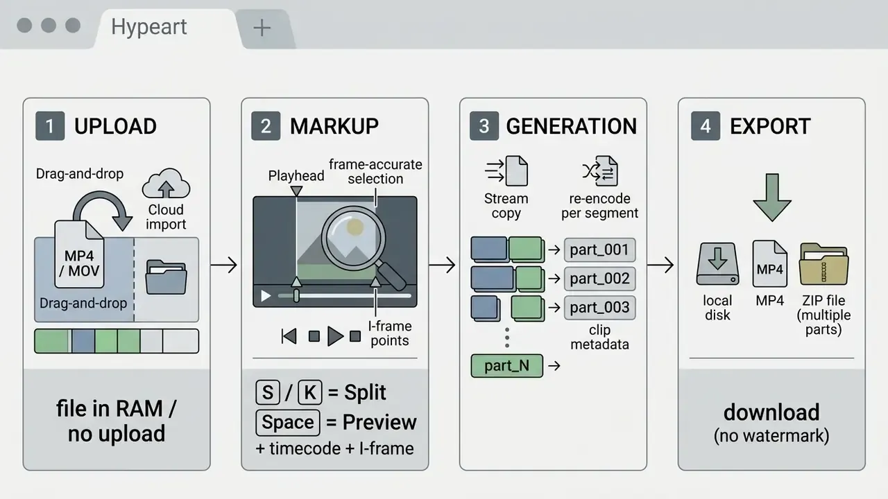 Four-step diagram showing how to upload, mark, generate, and export when you split video online