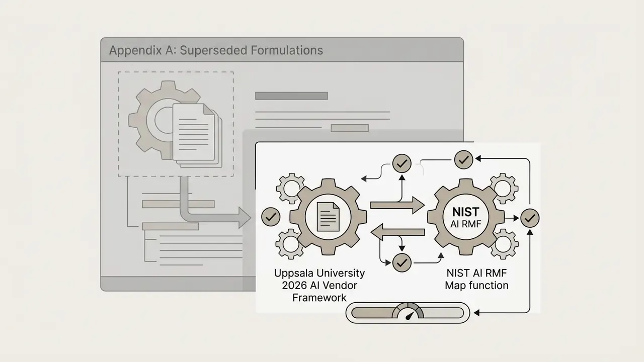 Gears connecting a vendor framework document to the NIST AI RMF Map function with status checkmarks
