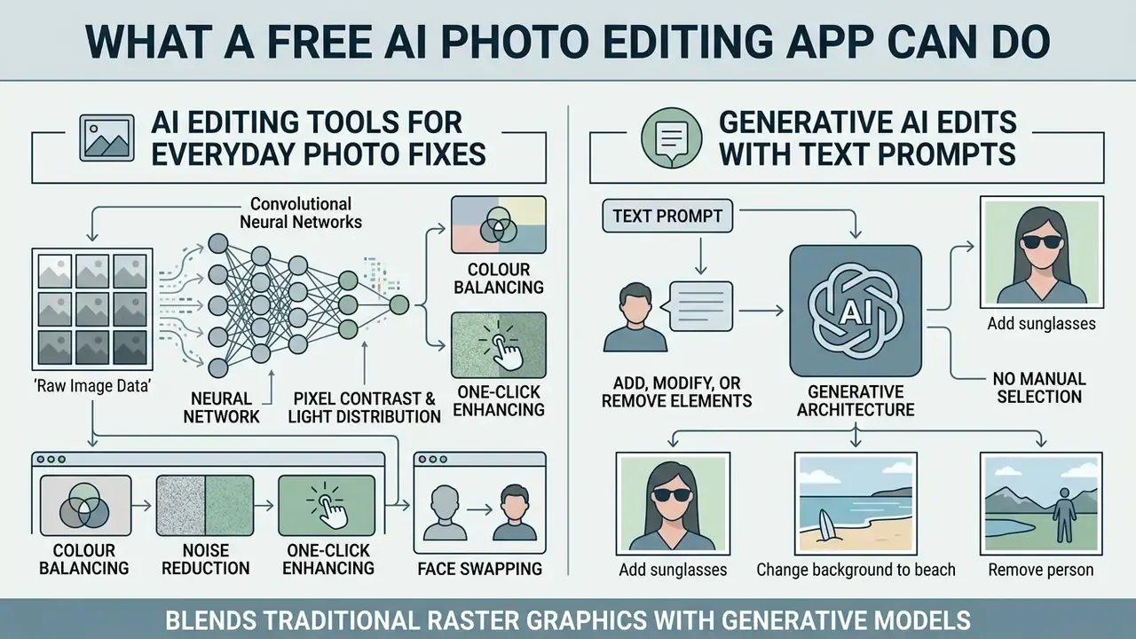 Diagram showing neural networks for automated photo adjustments alongside generative text prompt workflows