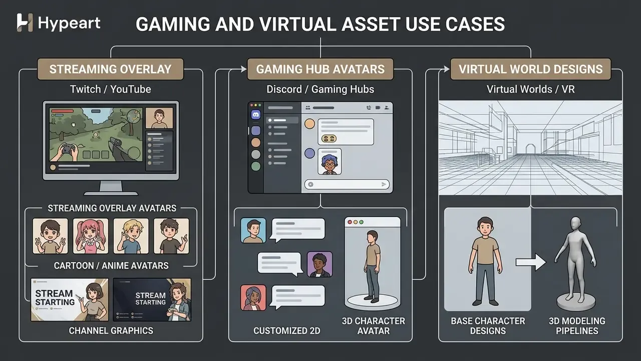 Diagram showing applications for digital characters in streaming overlays, gaming hubs, and VR environments
