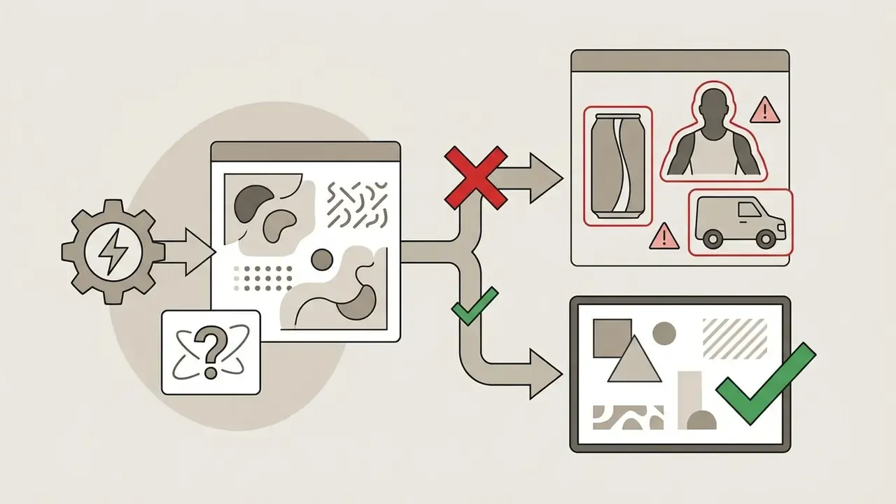 AI generation filtered into prohibited trademarked assets or approved abstract shapes