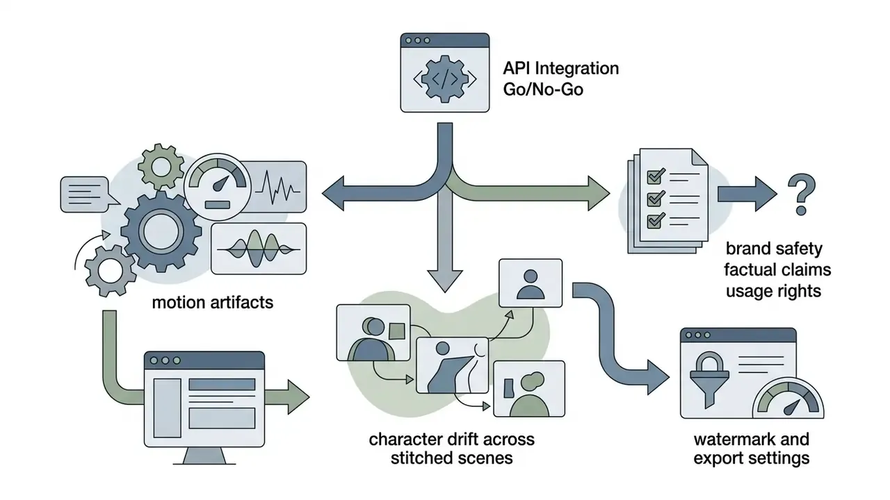 Decision paths for Google Veo API integration evaluating motion artifacts, character drift, and safety