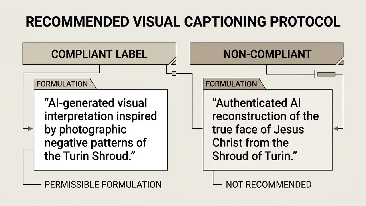 Comparison table contrasting compliant and non-compliant text labels for AI-generated historical imagery
