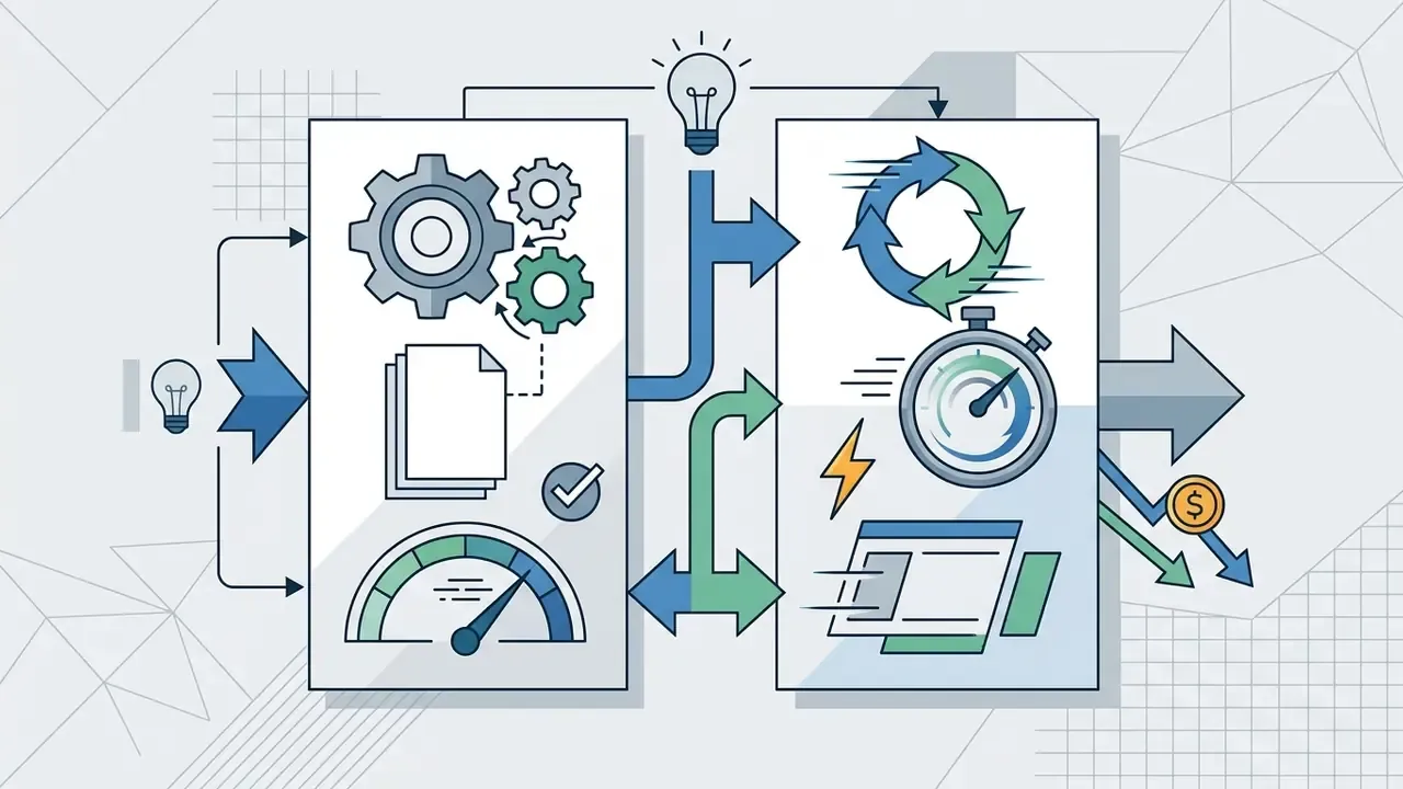 Two panels showing data processing into iterative cycles and speed metrics with reduced costs