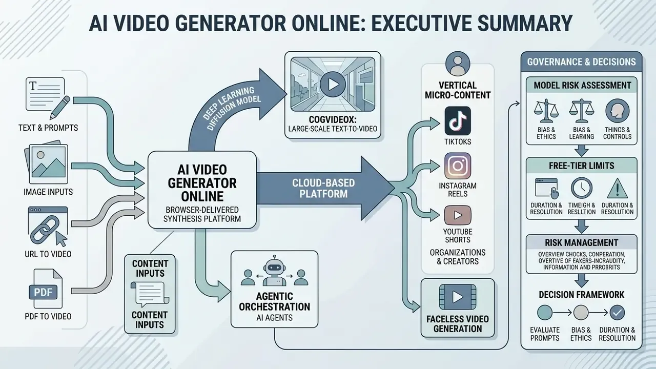 Flowchart showing how an AI video generator online processes various inputs into micro-content and governance