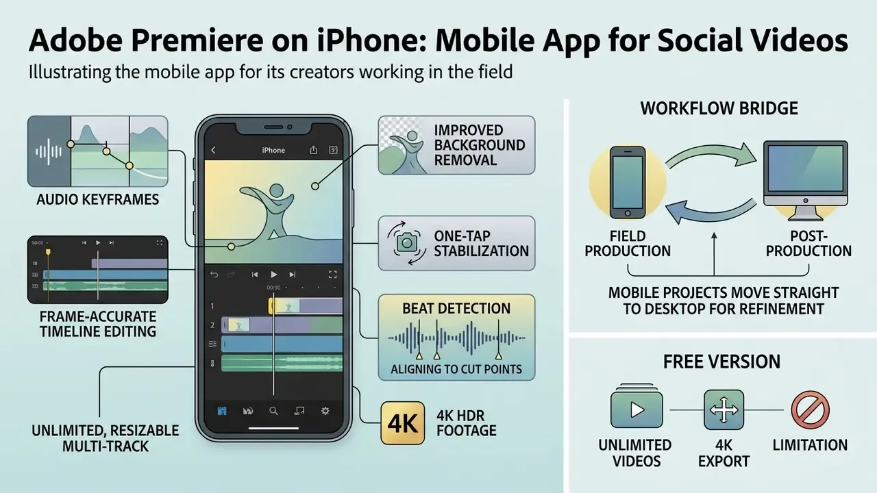 Infographic showing mobile editing features, workflow bridge, and free version limitations for creators