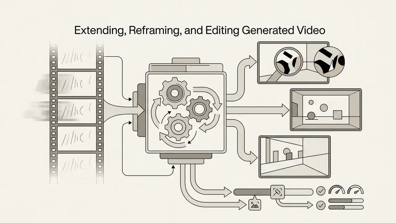 Diagram showing film strip frames feeding into a central gear mechanism that outputs various video reframing options