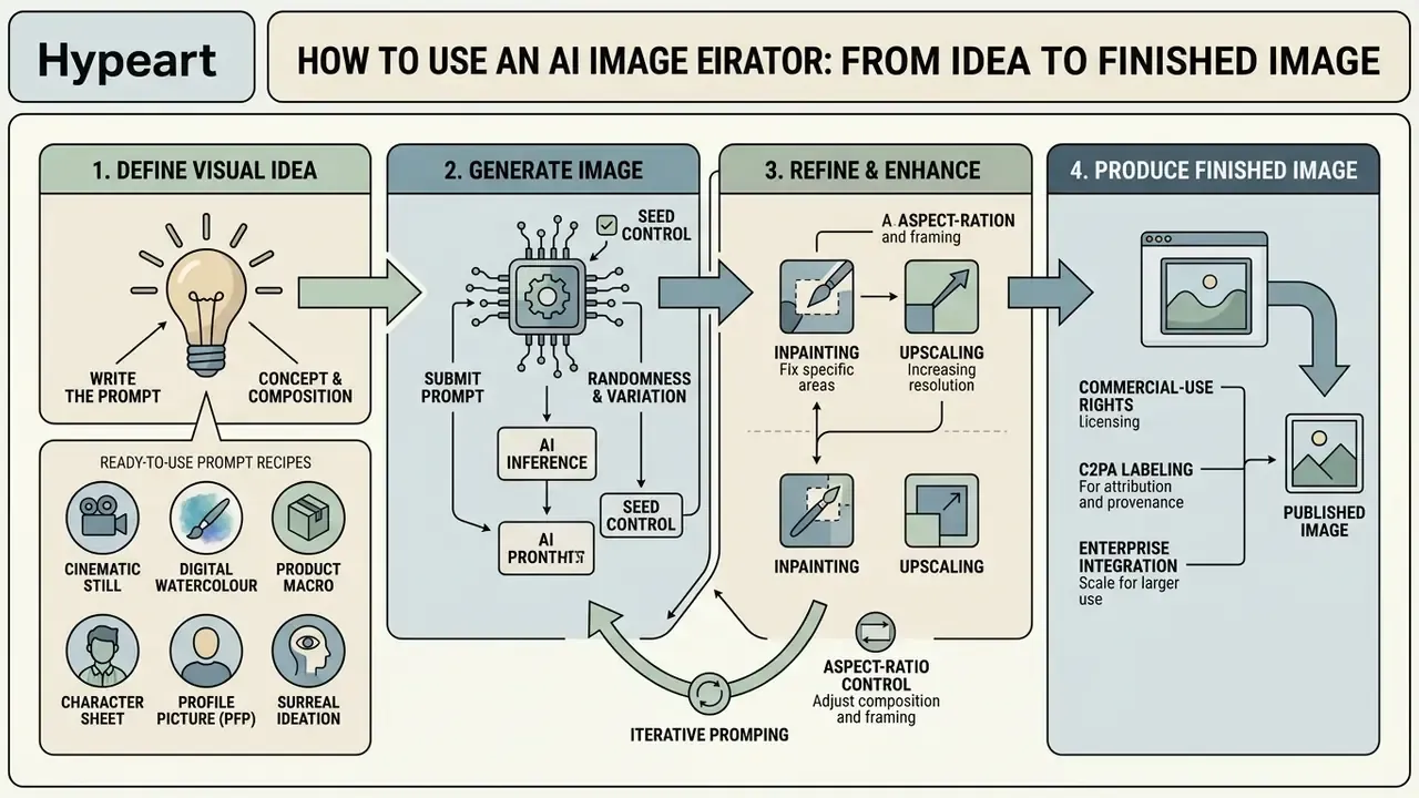 Four-stage infographic outlining the workflow for creating digital art with an AI image generator