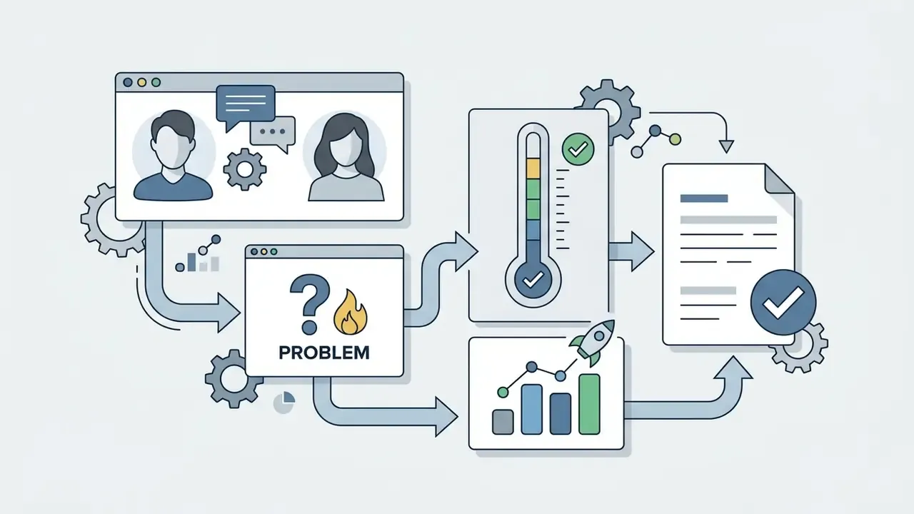 Icons showing audience analysis and problem identification feeding into a progress gauge and final document