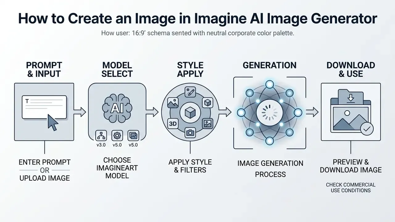 Step-by-step workflow diagram for using Imagine AI Image Generator from prompt input to final download