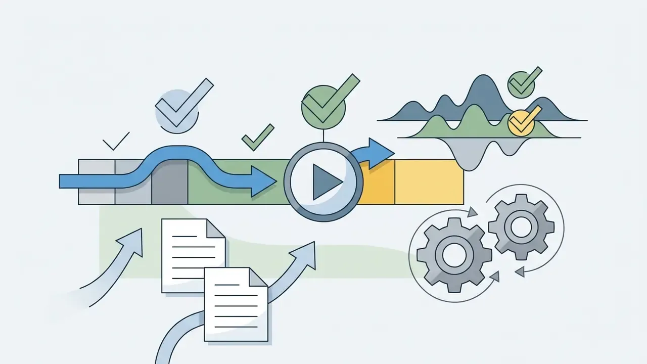 Video timeline with a play button, checkmarks, data waves, and rotating gears for media adjustment