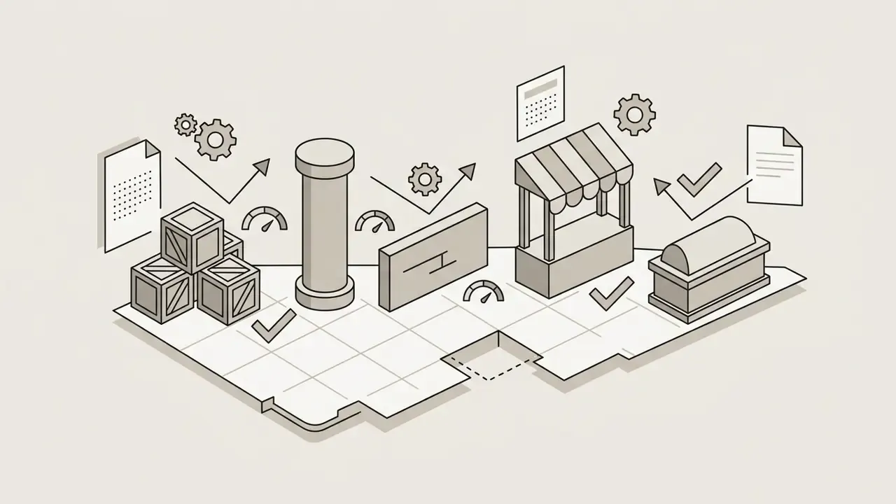Isometric grid showing pillars, crates, low walls, market stalls, and sarcophagi with process icons