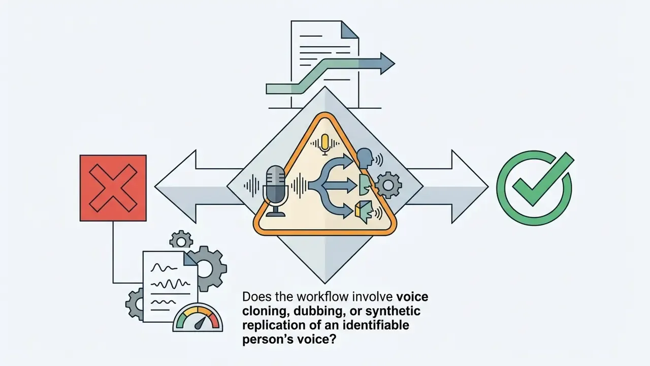 Warning triangle with microphone and voice icons pointing toward red cross or green checkmark symbols