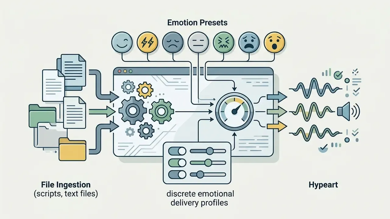 Files feeding into a processor with emotion icons and sliders to output modulated audio waveforms