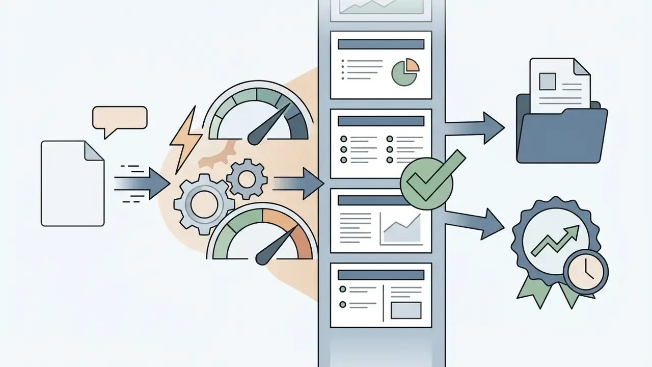 Document processing flow showing automated slide generation with speed gauges and organized business layouts