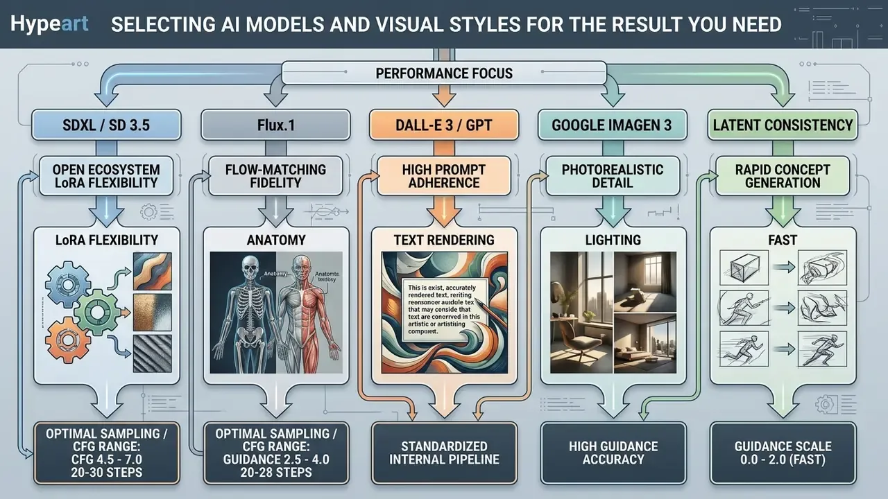 Comparative table mapping five distinct generative models to their performance focus and technical parameters