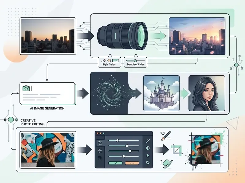 Flowchart showing how an AI anime filter processes photos through neural pipelines and editing tools