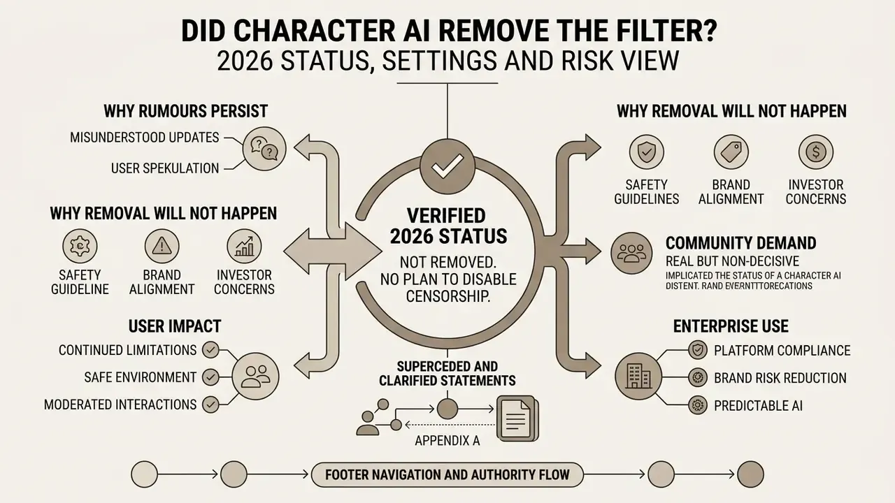 Summary diagram showing why Character AI has not removed its content filter and maintains safety standards