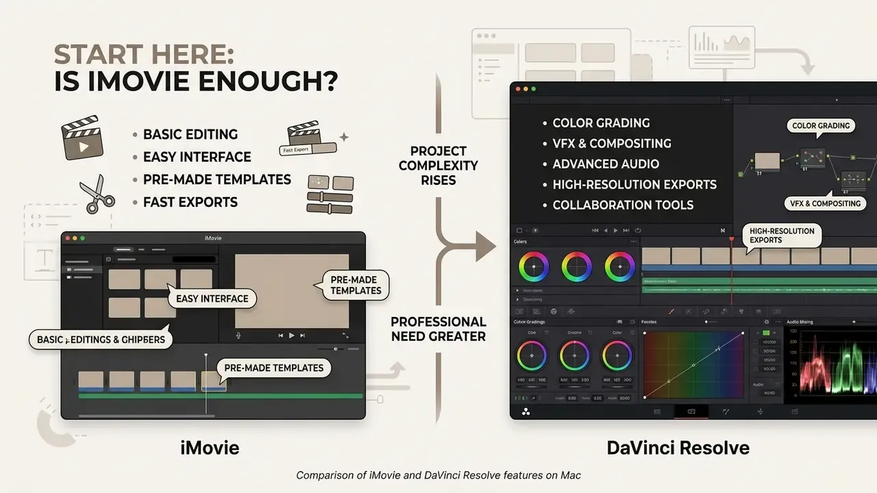 Flowchart contrasting iMovie basic editing features with advanced DaVinci Resolve professional tools