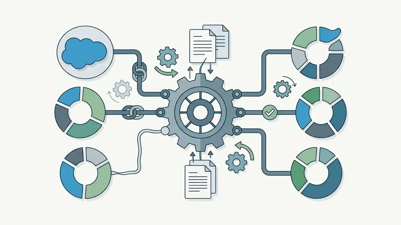 Central gear mechanism connecting various software data charts and document icons via linked pipes