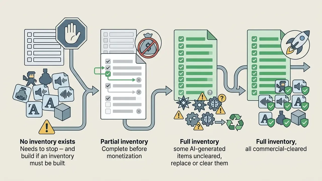 Process flow showing asset inventory stages from a stop sign to a cleared list with a rocket launch icon
