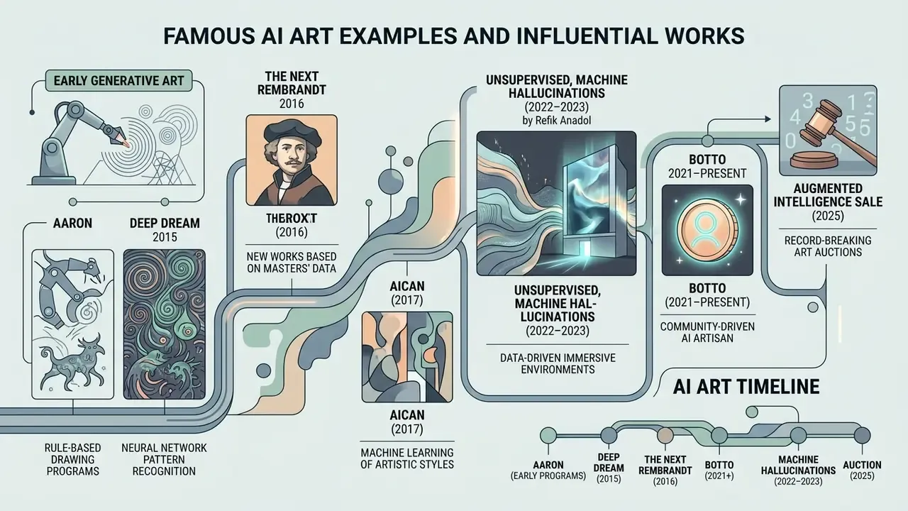Timeline graphic tracing the evolution of AI generated art from early rule-based programs to auctions