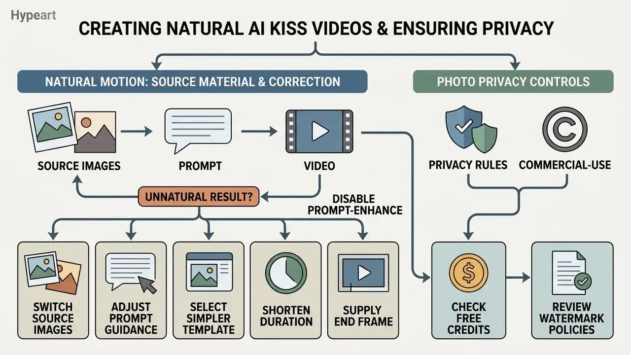 Flowchart outlining steps to fix unnatural AI kissing videos and manage photo privacy settings