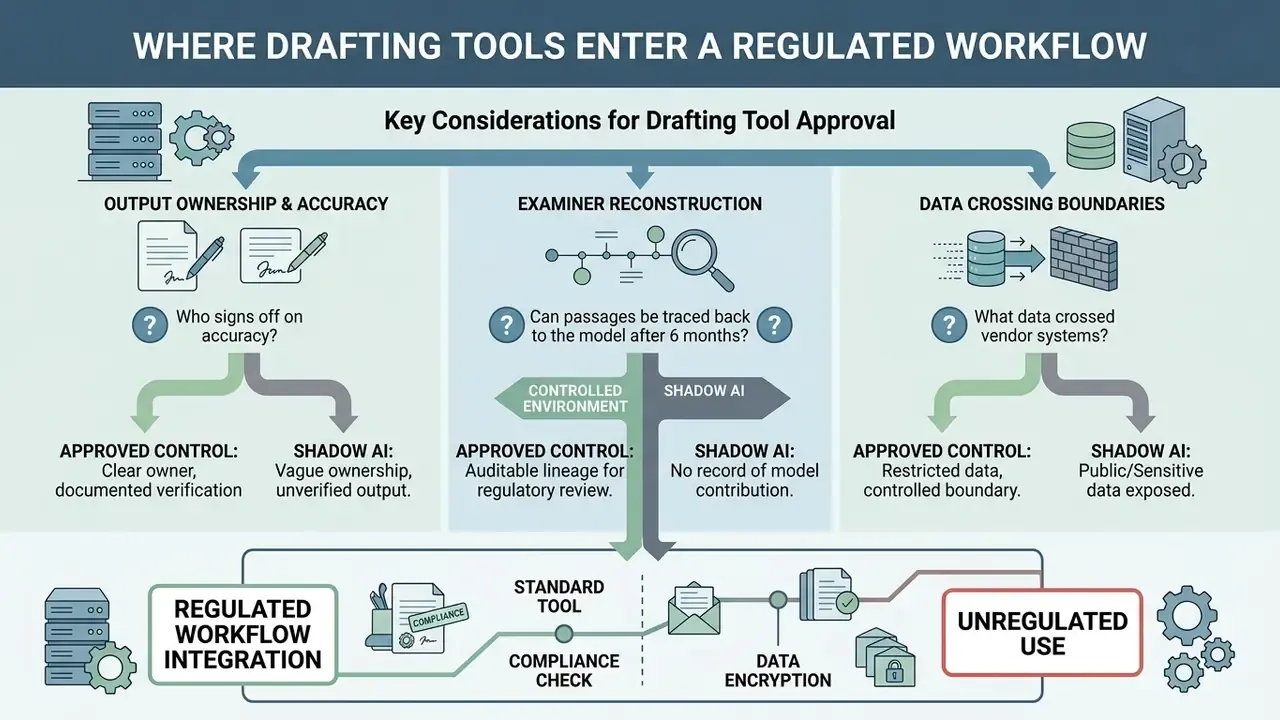 Decision tree comparing regulated workflow integration versus unregulated use of AI drafting tools