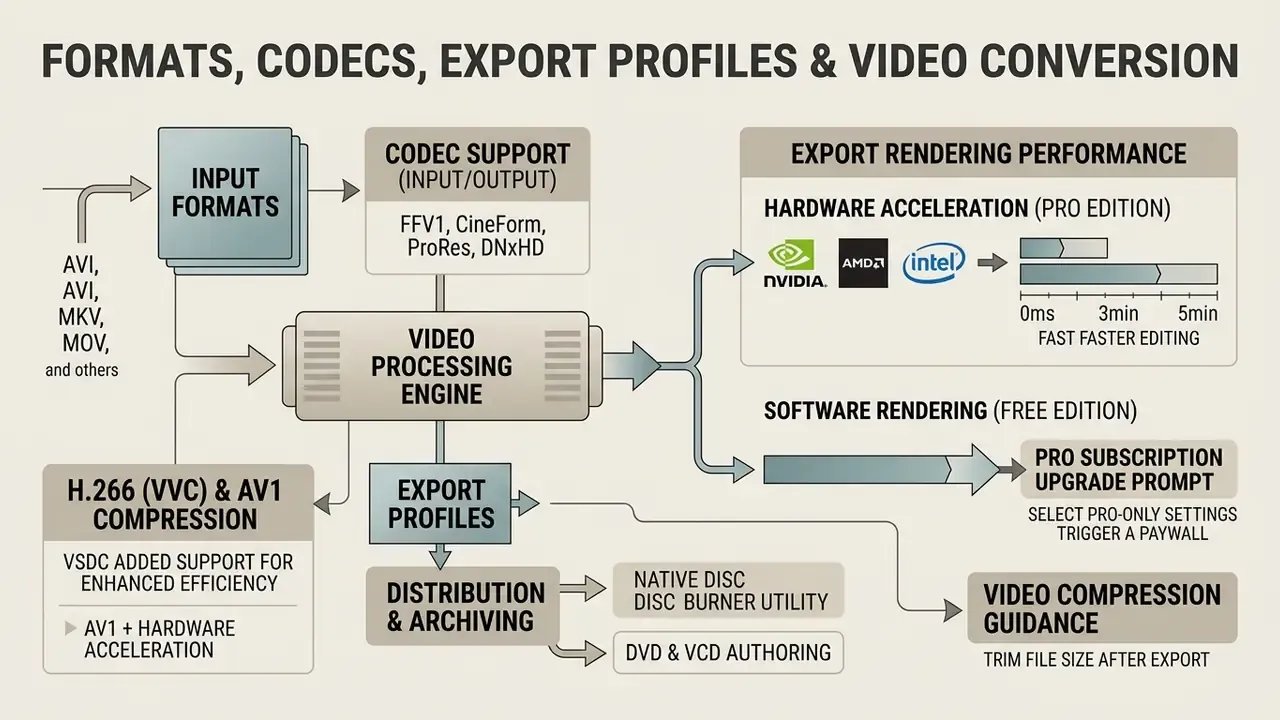 Flowchart showing video processing stages from input formats and codecs to hardware-accelerated export