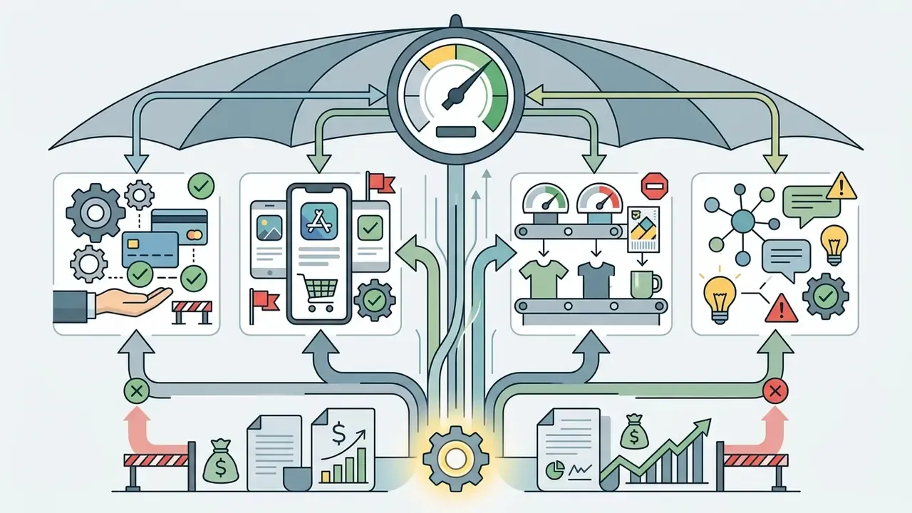 Umbrella sheltering icons of payment systems, app stores, merchandise production, and social networks