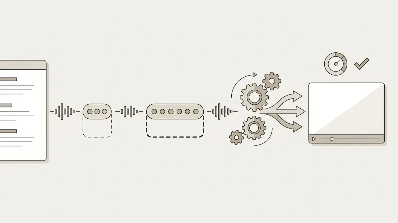 Linear flow diagram showing text inputs processed through audio modules and gears into a video player