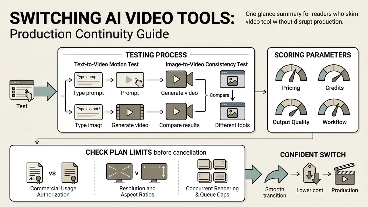 Workflow diagram detailing a testing process, scoring parameters, and plan limit checks for AI video tools