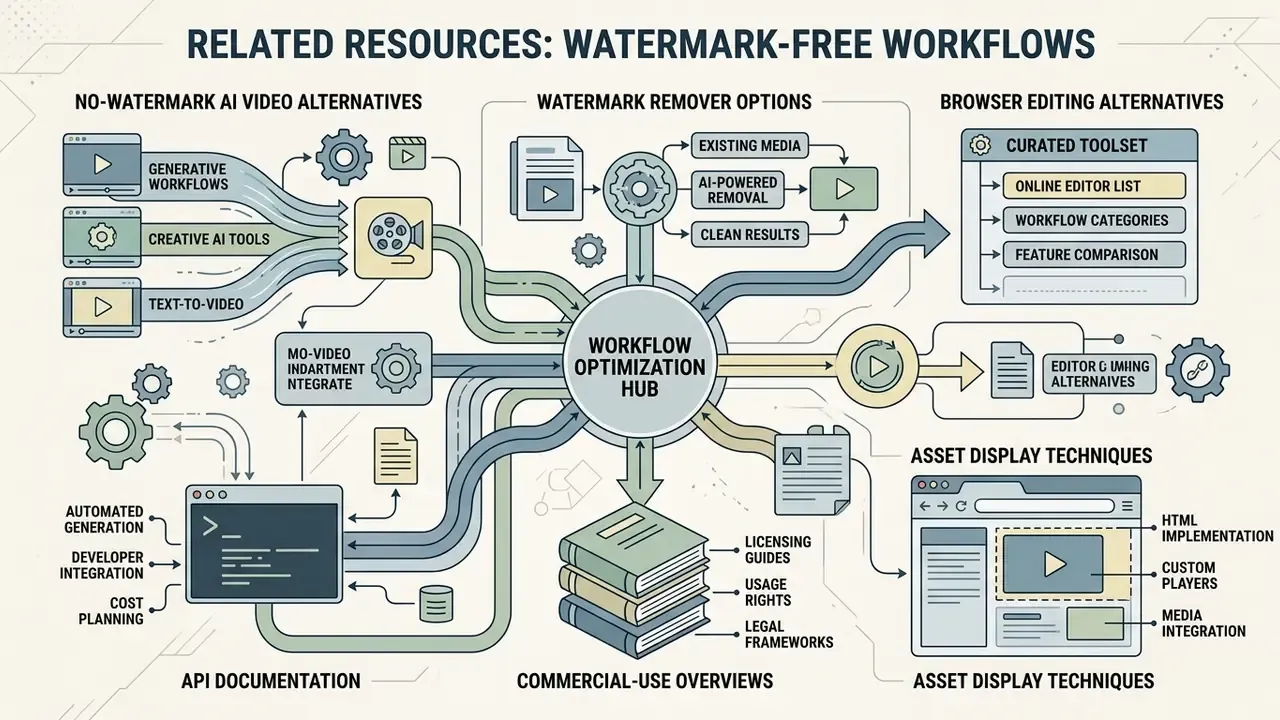 Central hub diagram connecting AI video tools, watermark removal, API documentation, and asset techniques