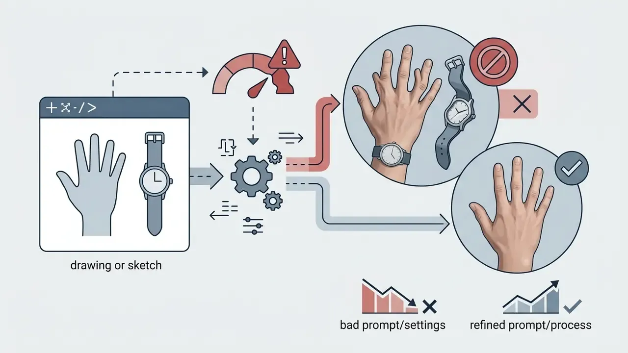 Sketch of a hand and watch being processed by gears into either a distorted or a corrected output