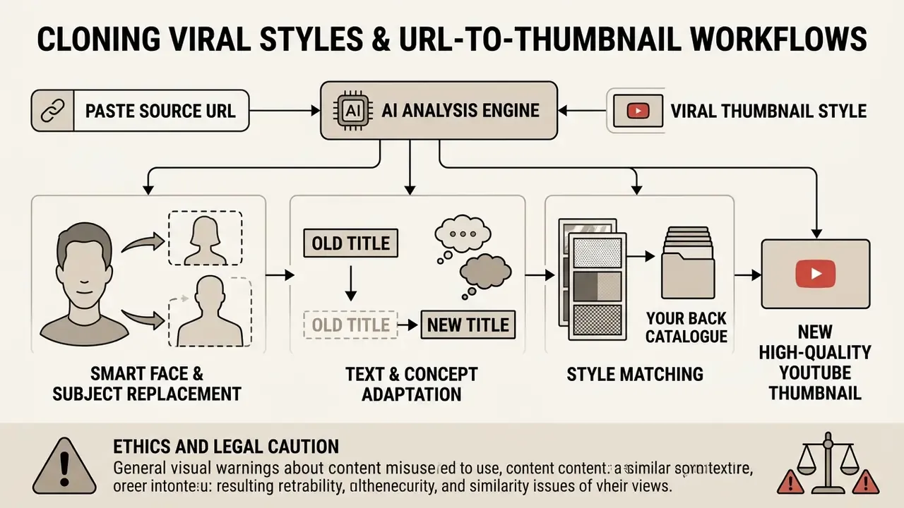 Diagram showing the process of analyzing a URL to replace subjects, adapt text, and match design styles