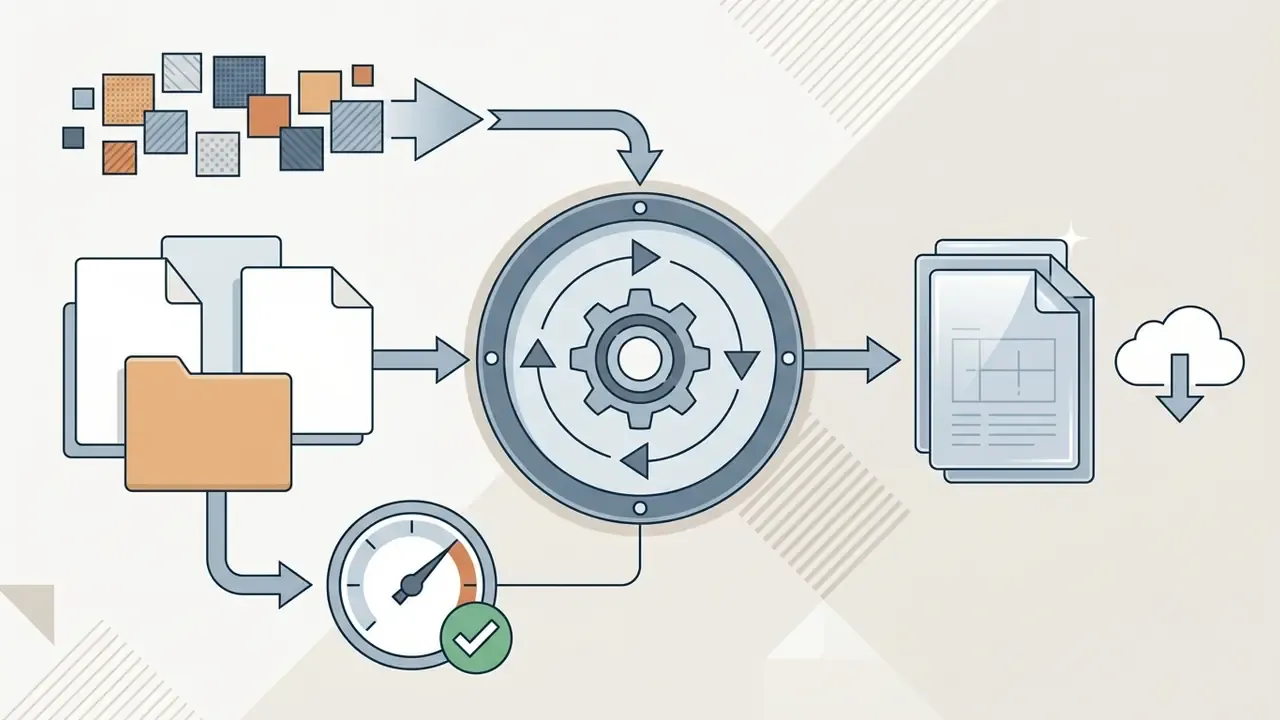 Process graphic showing files and data being fed into a central gear mechanism for output to cloud storage
