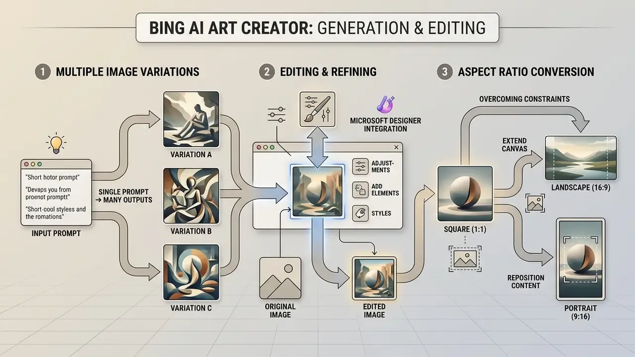 Summary of Bing AI art generator features covering image variations, editing tools, and aspect ratios