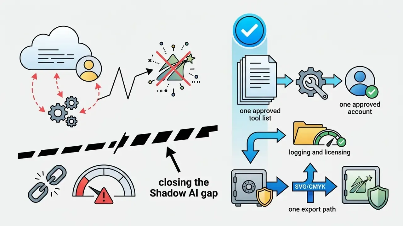 Graphic contrasting unauthorized AI usage with a secure process for approved tools and export paths