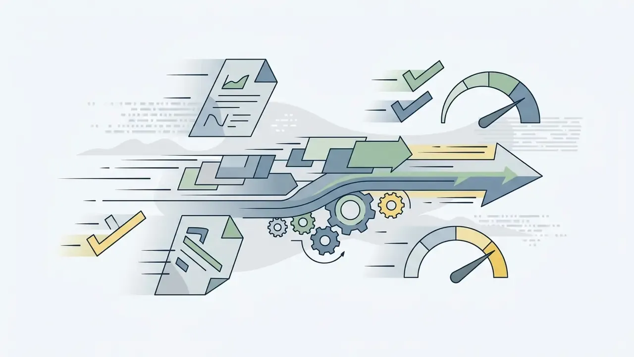 Documents and checkmarks moving rapidly alongside speedometers and gears to represent high speed motion
