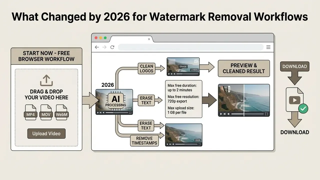 Flowchart showing an AI video watermark remover workflow from file upload to final download
